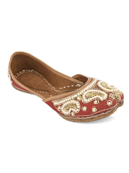 DESI COLOUR Women Red Embellished Leather Ethnic Mojaris