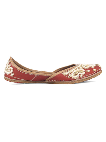 DESI COLOUR Women Red Embellished Leather Ethnic Mojaris