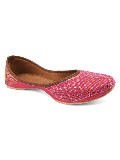 DESI COLOUR Women Sea Green Embellished Leather Ethnic Mojaris Flats