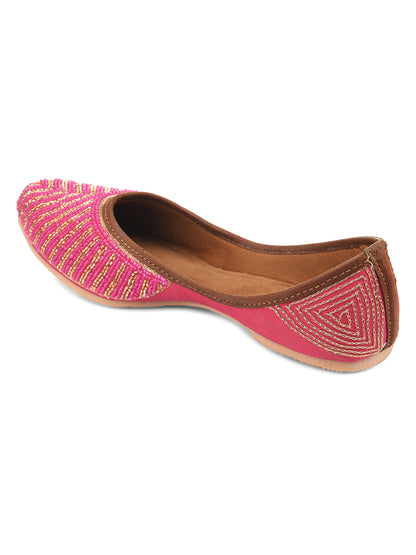 DESI COLOUR Women Sea Green Embellished Leather Ethnic Mojaris Flats