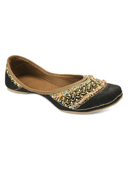 DESI COLOUR Women Black Embellished Leather Ethnic Mojaris Flats