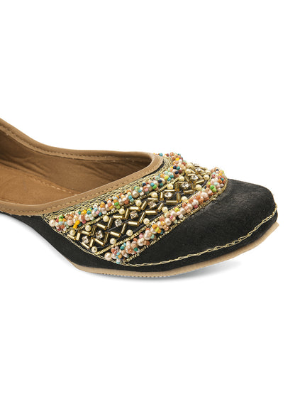 DESI COLOUR Women Black Embellished Leather Ethnic Mojaris Flats