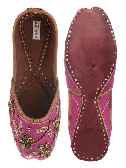 DESI COLOUR Women Pink Embellished Leather Ethnic Mojaris Flats