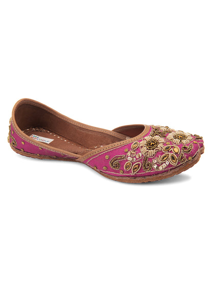 DESI COLOUR Women Pink Embellished Leather Ethnic Mojaris Flats