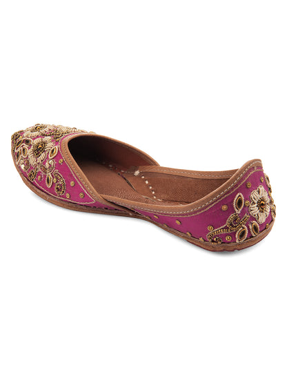 DESI COLOUR Women Pink Embellished Leather Ethnic Mojaris Flats