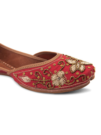 DESI COLOUR Women Red Embellished Leather Ethnic Mojaris Flats