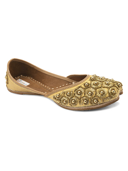 DESI COLOUR Women Gold-Toned Embellished Leather Ethnic Mojaris Flats