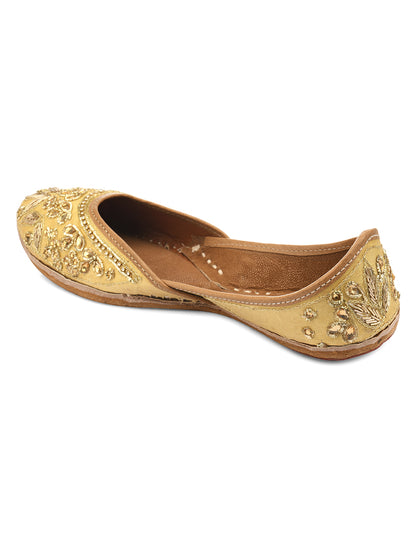 DESI COLOUR Women Gold-Toned Embellished Leather Ethnic Mojaris Flats