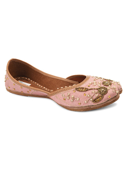 DESI COLOUR Women Gold-Toned Embellished Leather Ethnic Mojaris Flats