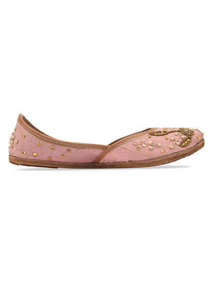 DESI COLOUR Women Gold-Toned Embellished Leather Ethnic Mojaris Flats