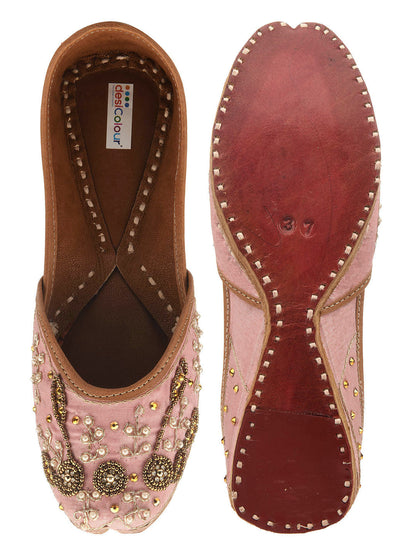 DESI COLOUR Women Yellow  Gold-Toned Embellished Leather Ethnic Mojaris Flats