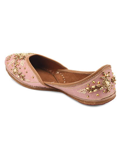 DESI COLOUR Women Gold-Toned Embellished Leather Ethnic Mojaris Flats