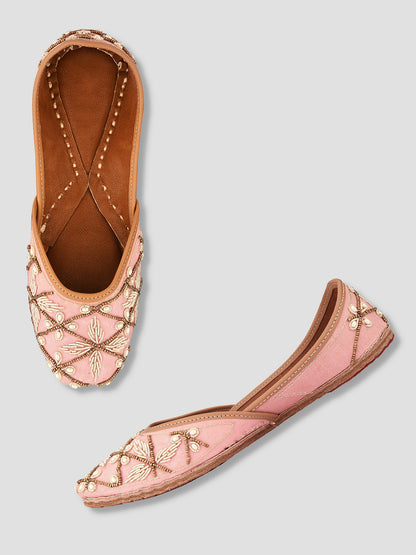 DESI COLOUR Women Peach-Coloured Embellished Leather Ethnic Mojaris Flats