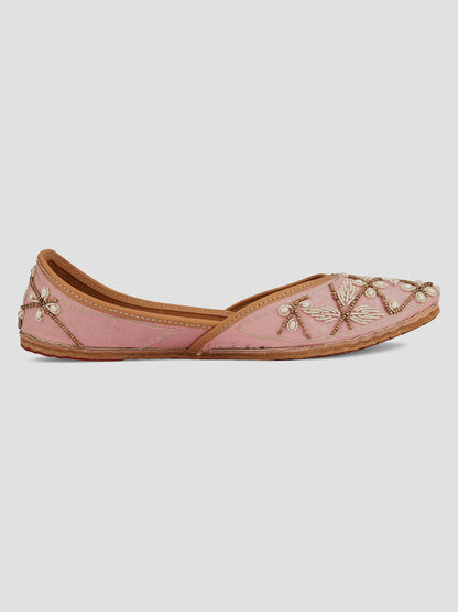 DESI COLOUR Women Peach-Coloured Embellished Leather Ethnic Mojaris Flats