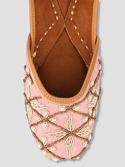 DESI COLOUR Women Peach-Coloured Embellished Leather Ethnic Mojaris Flats