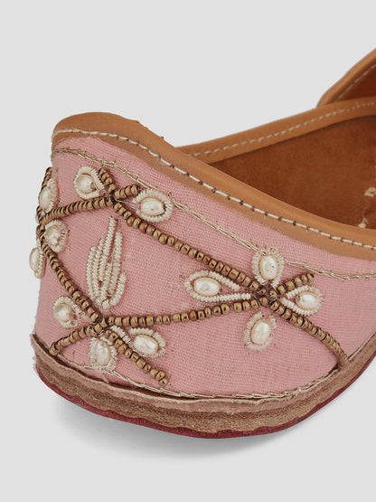 DESI COLOUR Women Peach-Coloured Embellished Leather Ethnic Mojaris Flats