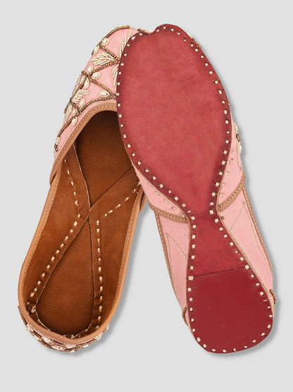 DESI COLOUR Women Peach-Coloured Embellished Leather Ethnic Mojaris Flats