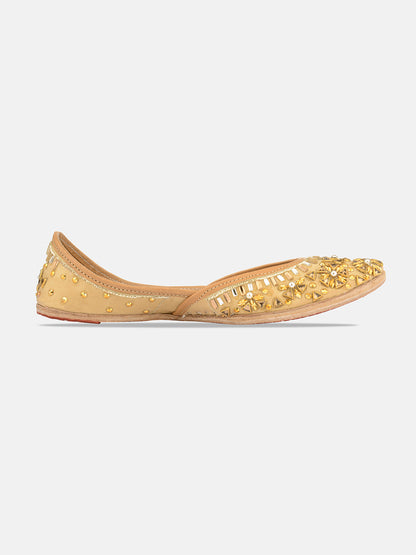 DESI COLOUR Women Gold-Toned Embellished Leather Ethnic Mojaris Flats