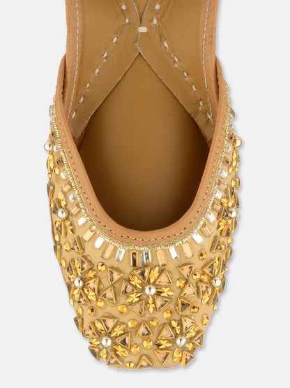 DESI COLOUR Women Gold-Toned Embellished Leather Ethnic Mojaris Flats