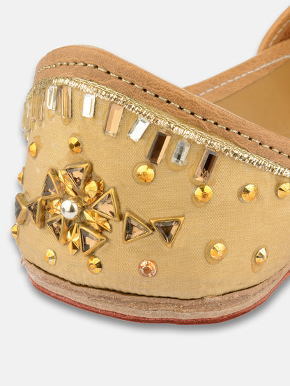 DESI COLOUR Women Gold-Toned Embellished Leather Ethnic Mojaris Flats