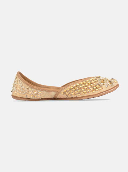 DESI COLOUR Women Gold-Toned Embellished Leather Ethnic Mojaris Flats