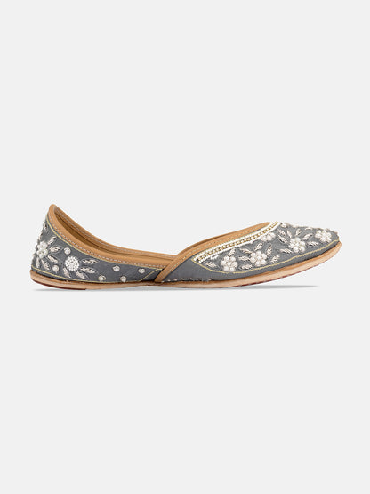 DESI COLOUR Women Grey Embellished Leather Ethnic Mojaris Flats