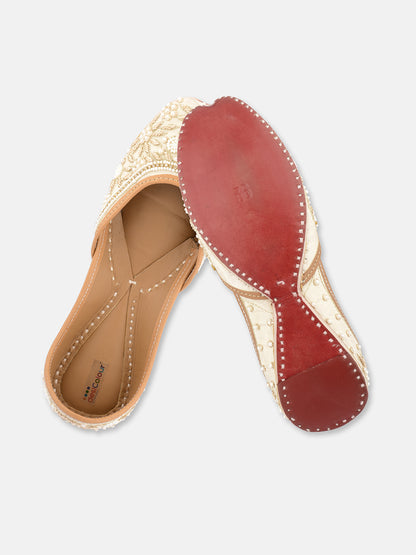 DESI COLOUR Women Off White Embellished Leather Ethnic Mojaris Flats