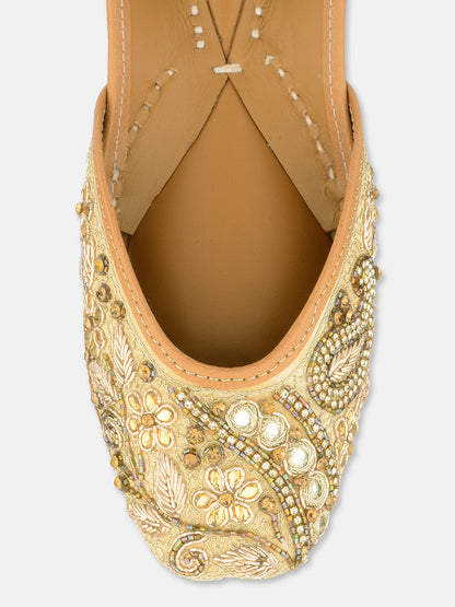 DESI COLOUR Women Off White Embellished Leather Ethnic Mojaris Flats