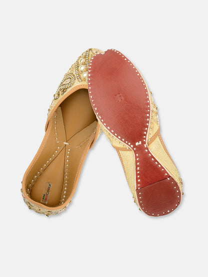 DESI COLOUR Women Off White Embellished Leather Ethnic Mojaris Flats