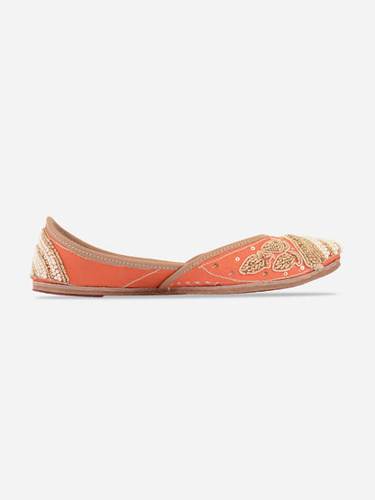 DESI COLOUR Women Orange Striped Leather Ethnic Mojaris Flats