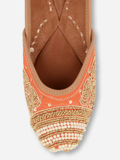 DESI COLOUR Women Orange Striped Leather Ethnic Mojaris Flats