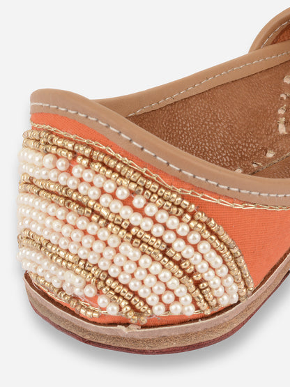 DESI COLOUR Women Orange Striped Leather Ethnic Mojaris Flats