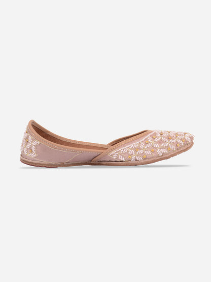 DESI COLOUR Women Pink Embellished Leather Ethnic Mojaris Flats