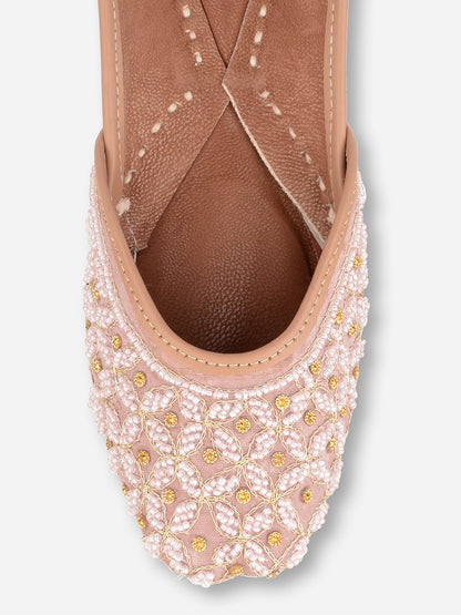 DESI COLOUR Women Pink Embellished Leather Ethnic Mojaris Flats