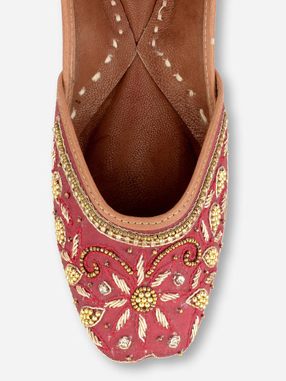 DESI COLOUR Women Maroon Embellished Leather Ethnic Mojaris Flats