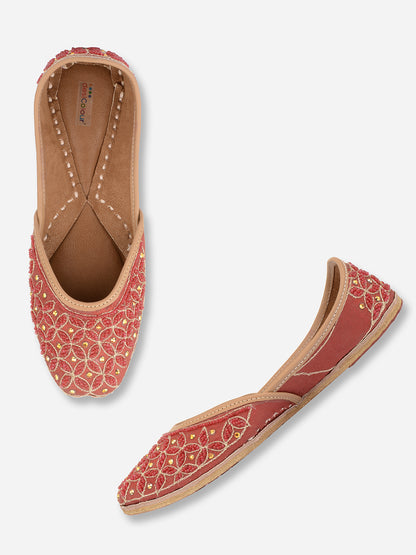 DESI COLOUR Women Maroon Embellished Leather Ethnic Mojaris Flats