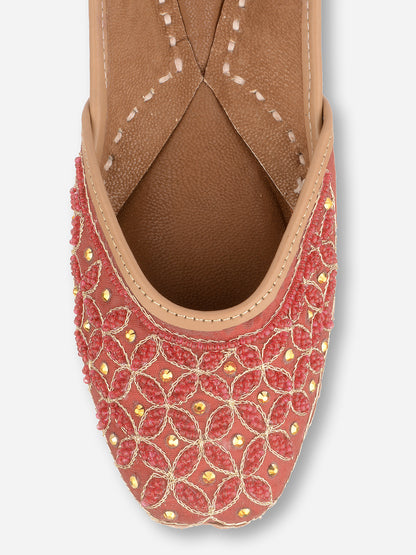 DESI COLOUR Women Maroon Embellished Leather Ethnic Mojaris Flats