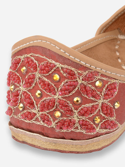 DESI COLOUR Women Maroon Embellished Leather Ethnic Mojaris Flats