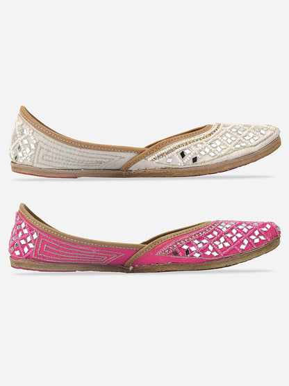 DESI COLOUR Women White Embellished Leather Ethnic Mojaris Flats