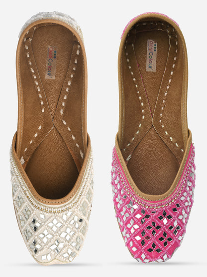 DESI COLOUR Women White Embellished Leather Ethnic Mojaris Flats