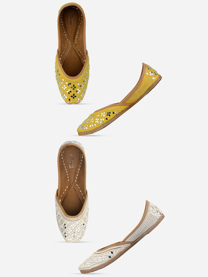 DESI COLOUR Women White Embellished Leather Ethnic Mojaris Flats