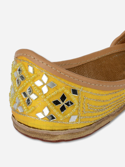 DESI COLOUR Woman Yellow Embellished Mirror Work Ethnic Mojaris