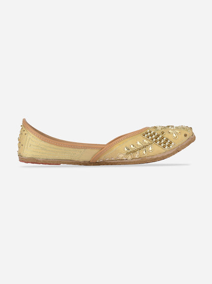 DESI COLOUR Women Gold-Toned Ethnic Embellished Leather Mojaris Flats