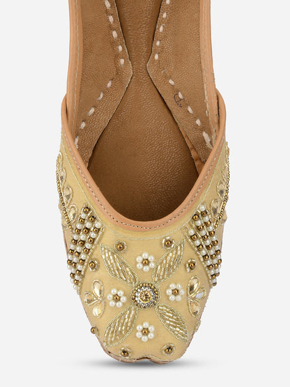 DESI COLOUR Women Gold-Toned Ethnic Embellished Leather Mojaris Flats