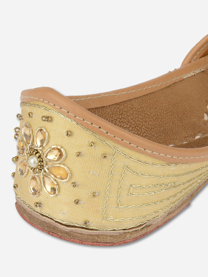 DESI COLOUR Women Gold-Toned Ethnic Embellished Leather Mojaris Flats