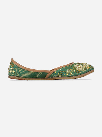 DESI COLOUR Women Green Woven Design Leather Ethnic Mojaris Flats