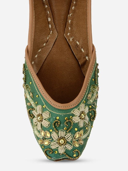 DESI COLOUR Women Green Woven Design Leather Ethnic Mojaris Flats