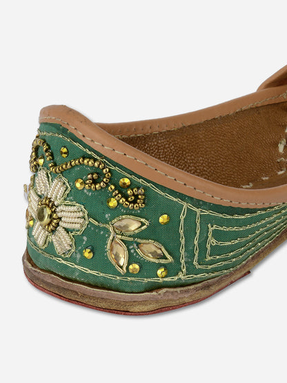 DESI COLOUR Women Green Woven Design Leather Ethnic Mojaris Flats