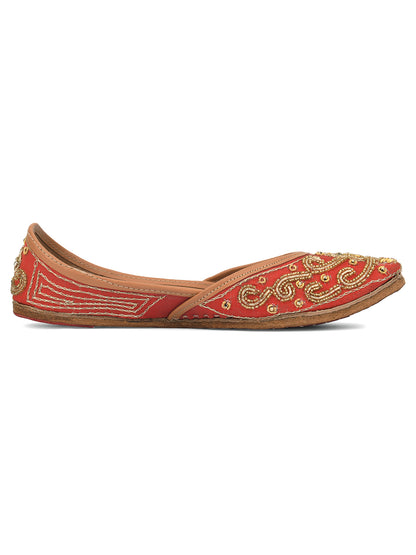 DESI COLOUR Women Red Embellished Leather Ethnic Mojaris Flats