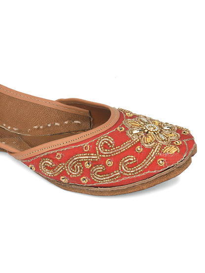 DESI COLOUR Women Red Embellished Leather Ethnic Mojaris Flats